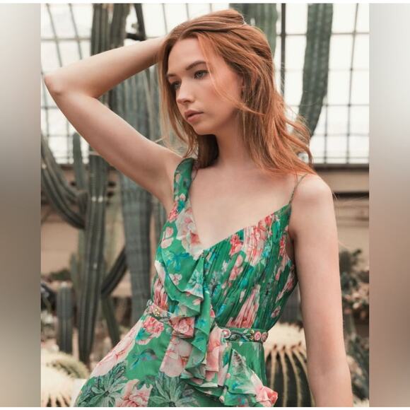 Mac Duggal Floral Print Ruffled Wrap Over a Line Gown Green Size 8 NWT - Picture 4 of 14